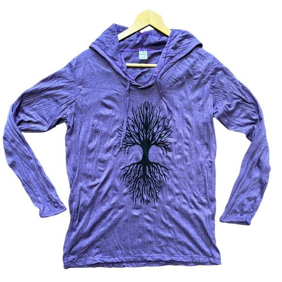 NEW MALISUN Slub Cotton Long Sleeve Hooded Tree Print Shirt SZ L - Picture 10 of 10